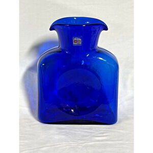 Vintage BLENKO Handblown Glass Cobalt blue Water Bottle Or Vase #384 W Sticker